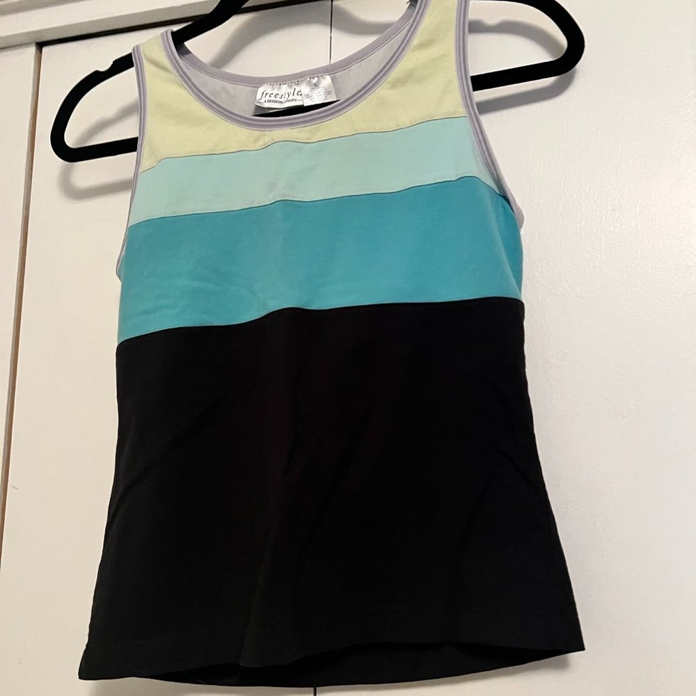 Danskin Freestyle Black/Teal/Yellow Colorblock Workout Top  - Large